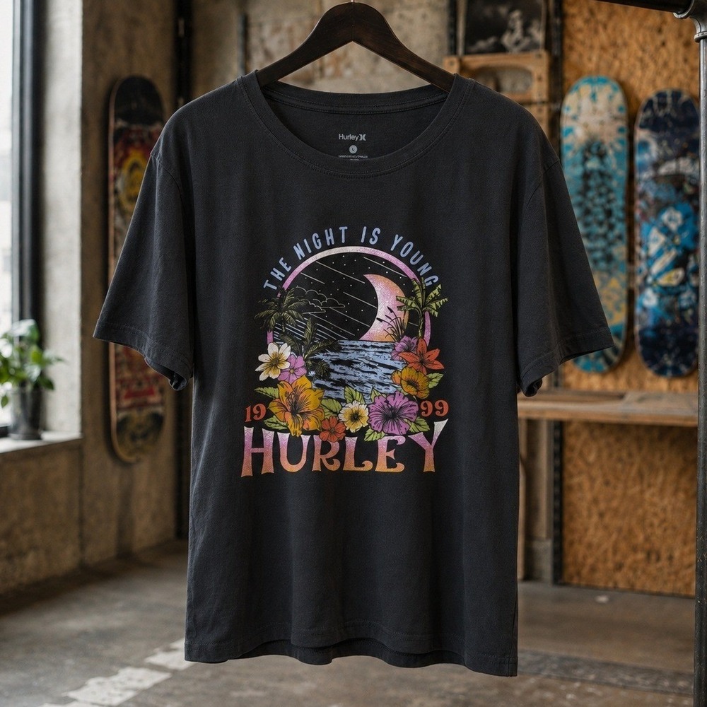 Hurley The‎ Night Is Young Graphic Tee Black Tropical Floral Surf Shirt Large